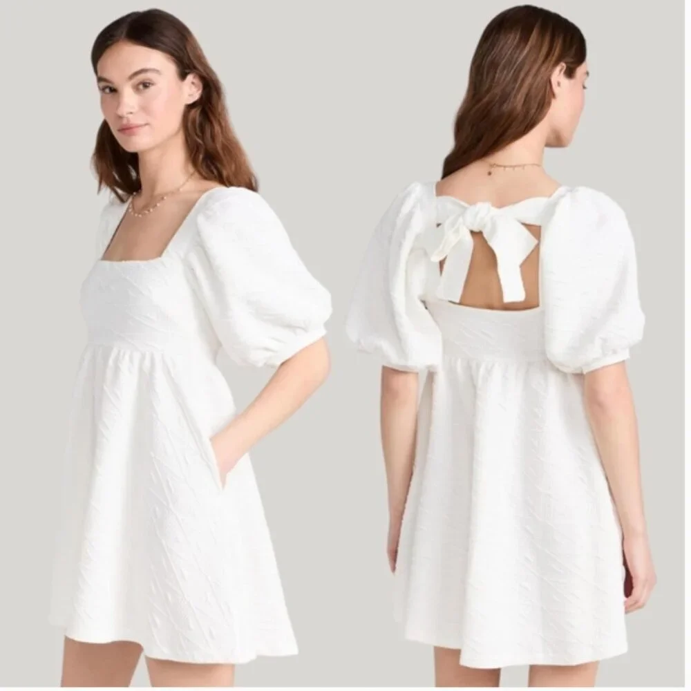 Free People Violet Puff Short Sleeve Mini Dress Textured Pocket White New Medium